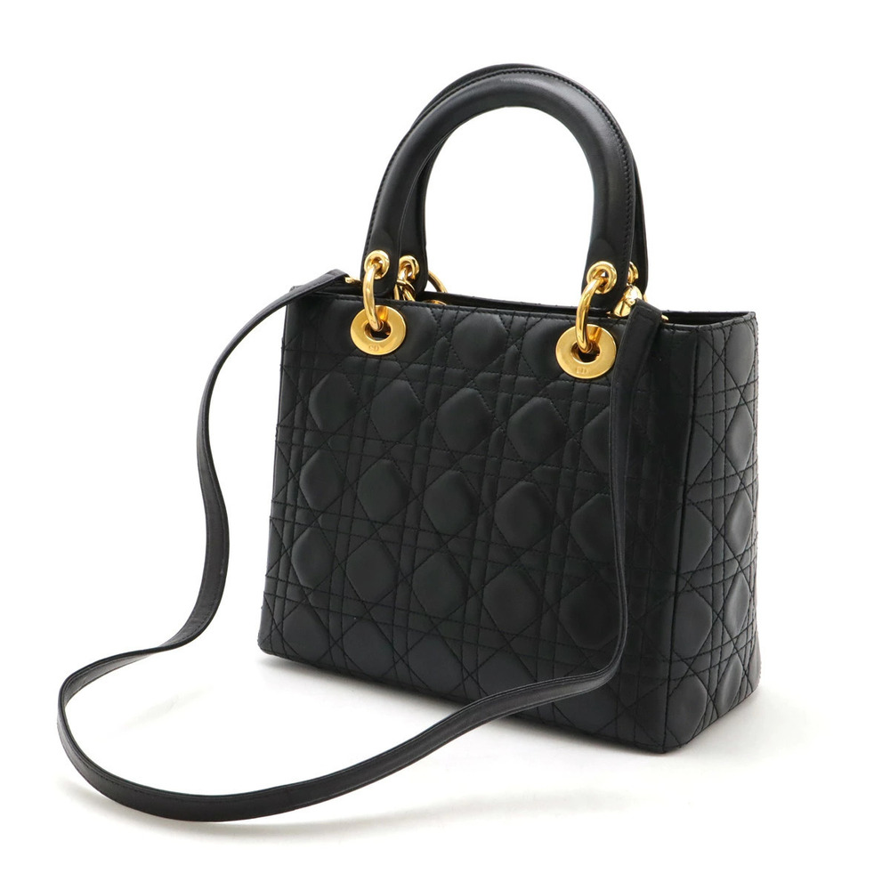 Dior 2way Lambskin Black Bag Lady Christian Shoulder Cannage Black